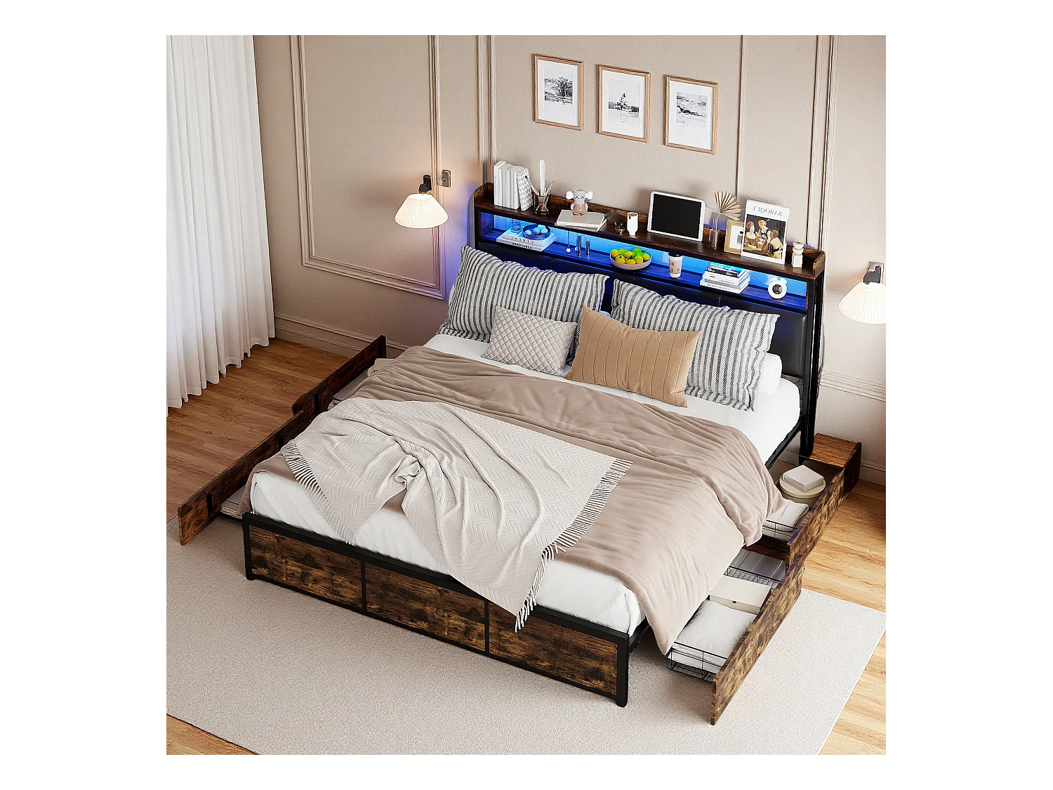 Lit double 140x200 cm avec cadre en métal, tête de lit en PU noir mat motif tigre et éclairage LED intégré