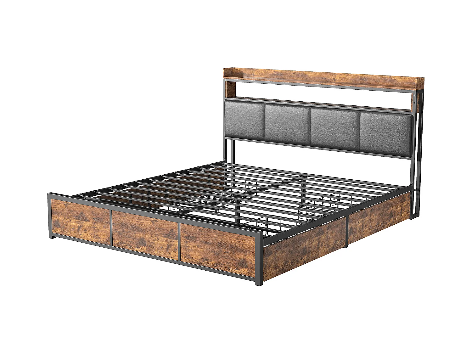 Lit double 140x200 cm avec cadre en métal, tête de lit en PU noir mat motif tigre et éclairage LED intégré