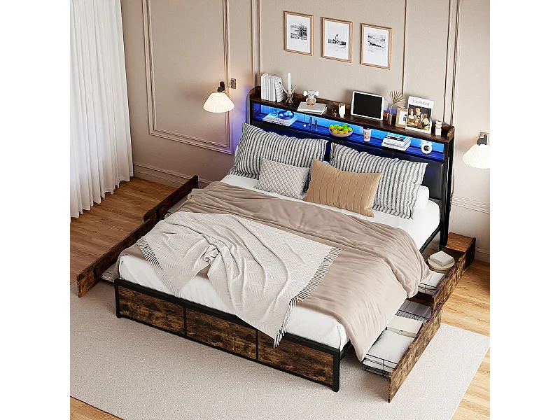 Letto matrimoniale 140x200 cm con struttura in metallo, testiera in PU nero opaco con motivo tigre e illuminazione LED integrata