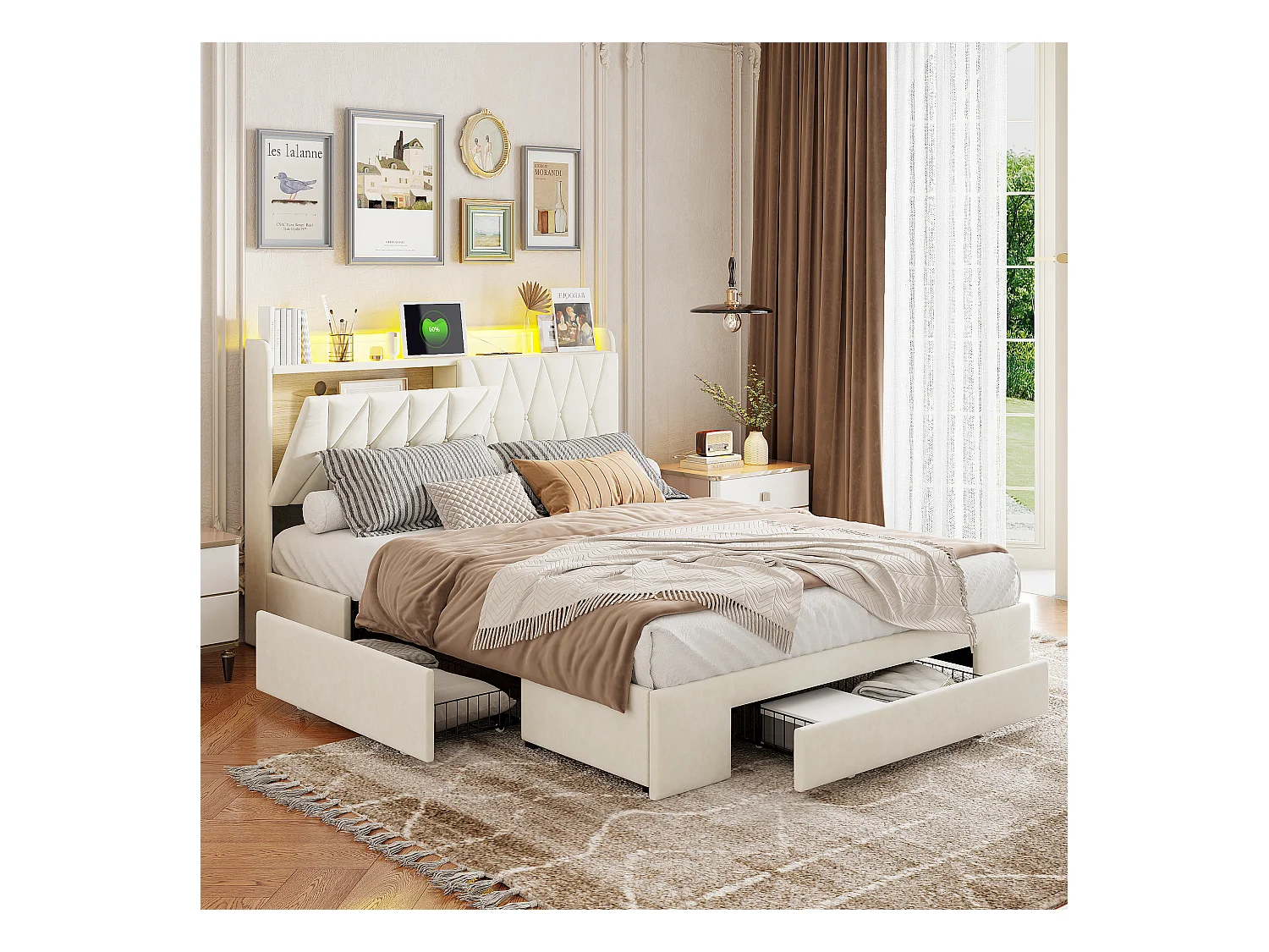 Cama genérica con canapé de 140 x 200 cm con base y cajón, cabecero tapizado con almacenaje e iluminación LED, USB y USB-C, apta para 2 personas, terciopelo, beige