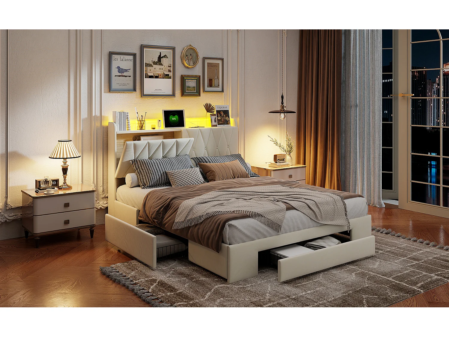 Générique Lit Coffre 140x200 avec sommier et Tiroir, Tête de lit rembourrée avec Rangement et éclairage LED,USB et Type-C,Convient pour 2 Personnes, Velours, Beige