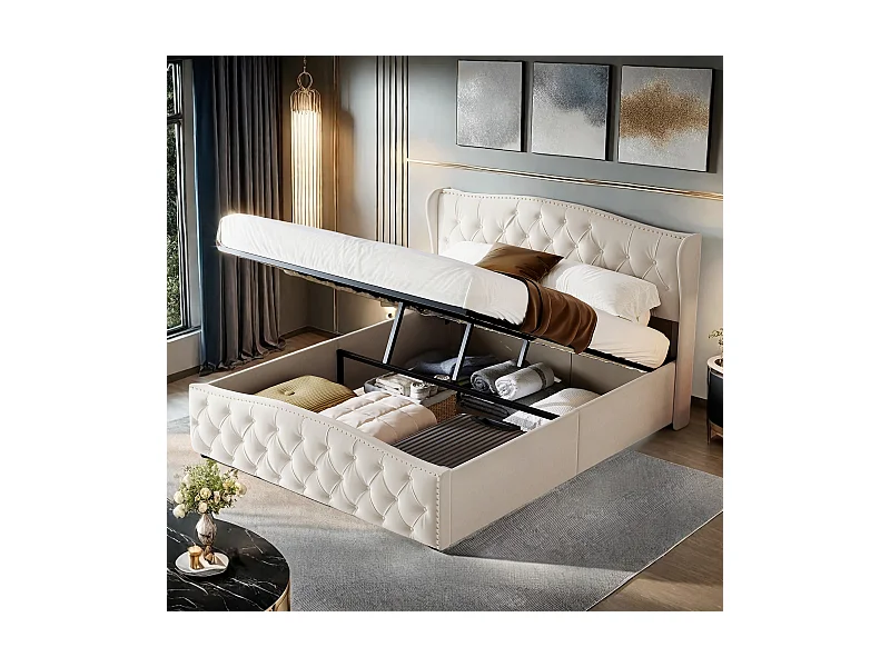 Lit en velours Blanc cassé 160x200 cm avec clous décoratifs et motif ondulé, Lit double avec sommier à lattes et espace de rangement