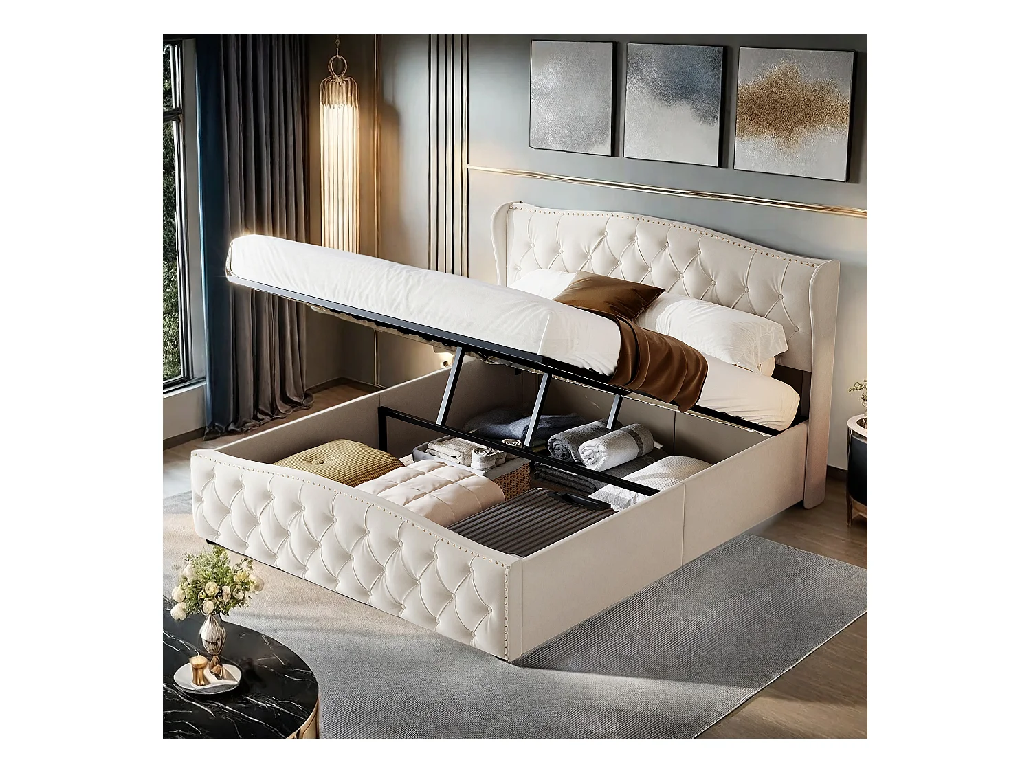 Cama de terciopelo blanco roto de 160 x 200 cm con tachuelas decorativas y estampado de ondas, cama doble con somier y espacio de almacenaje.