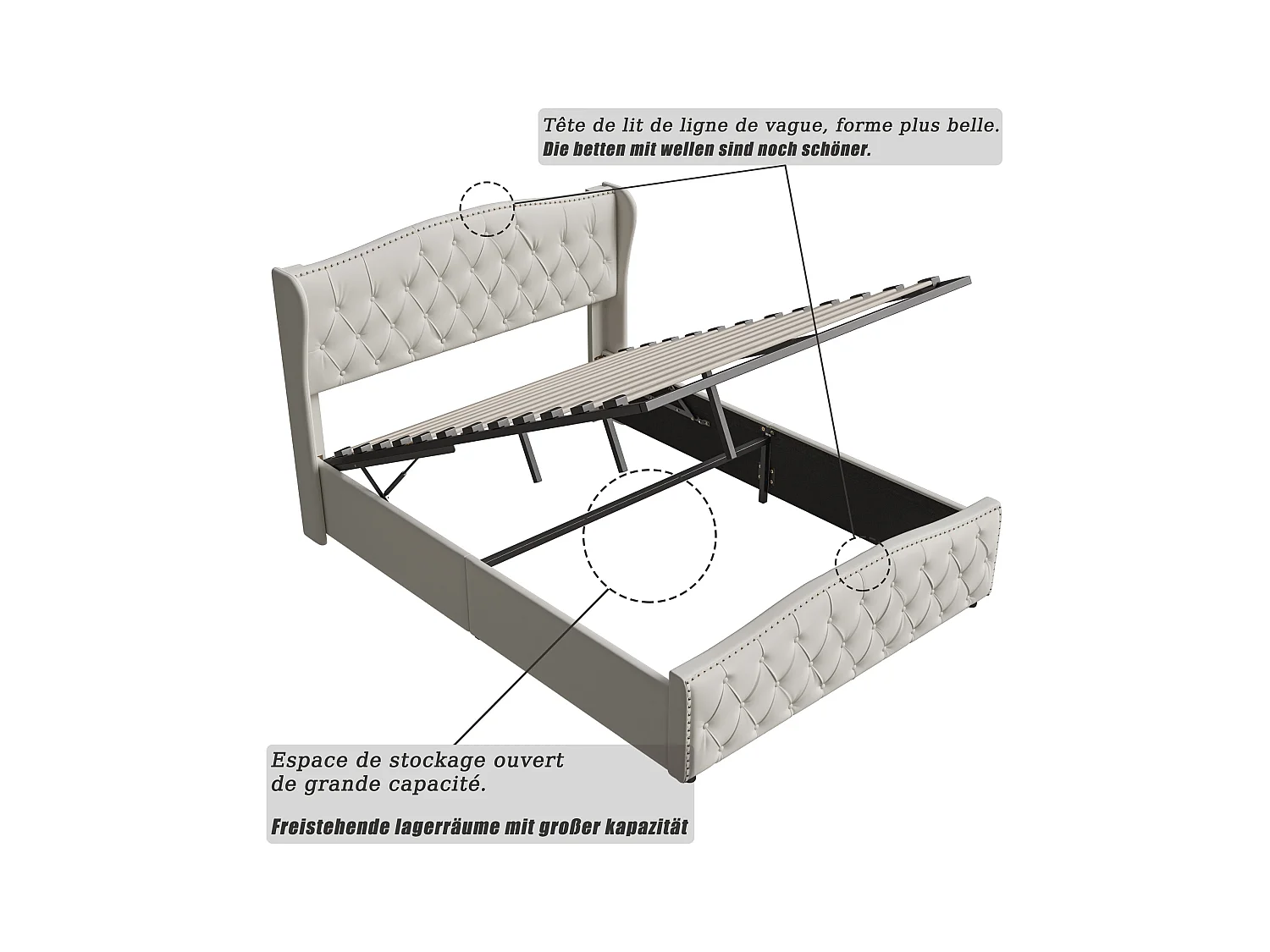 Cama de terciopelo blanco roto de 160 x 200 cm con tachuelas decorativas y estampado de ondas, cama doble con somier y espacio de almacenaje.