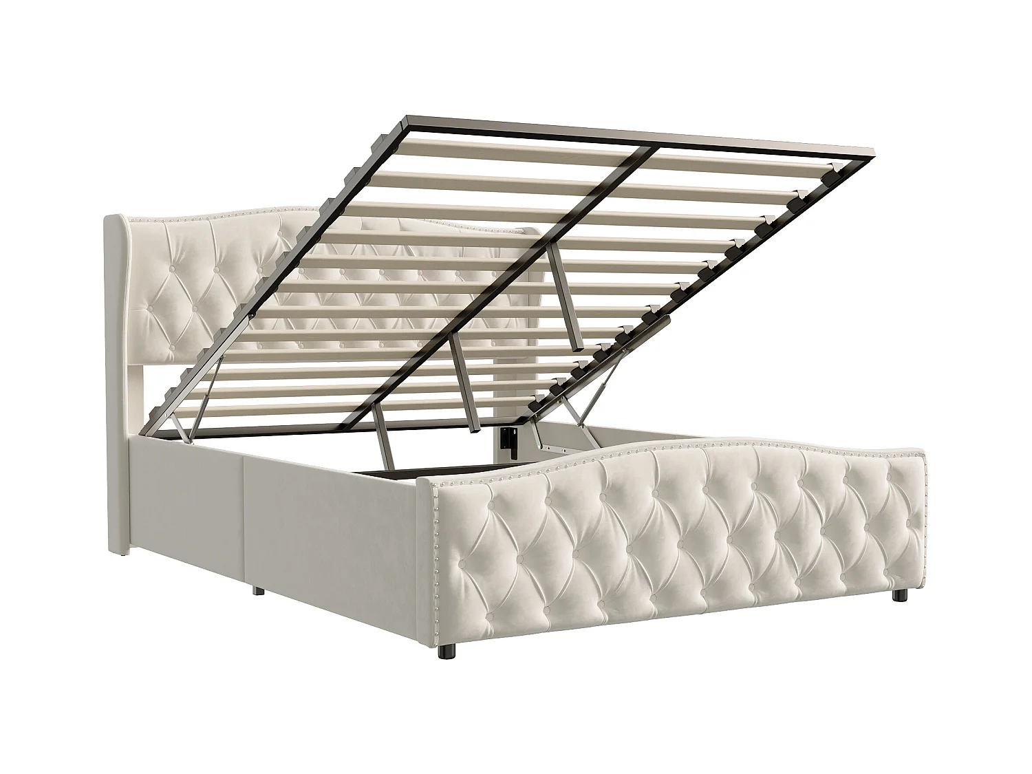 Cama de terciopelo blanco roto de 160 x 200 cm con tachuelas decorativas y estampado de ondas, cama doble con somier y espacio de almacenaje.