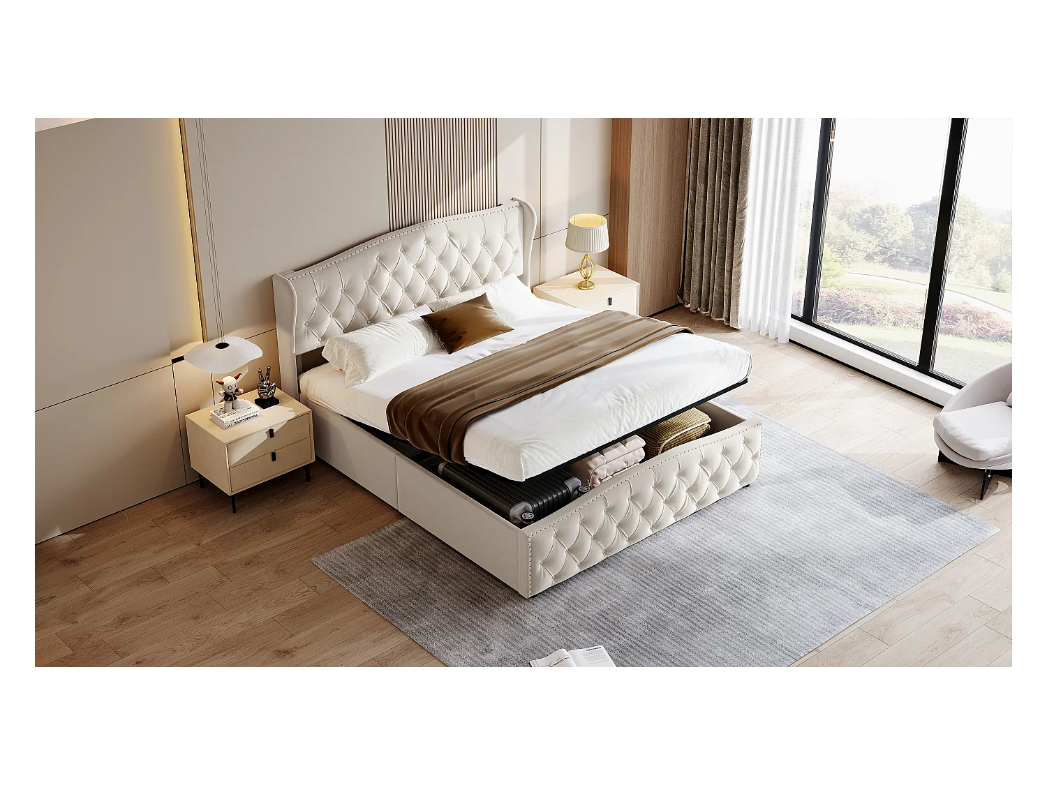 Cama de terciopelo blanco roto de 160 x 200 cm con tachuelas decorativas y estampado de ondas, cama doble con somier y espacio de almacenaje.