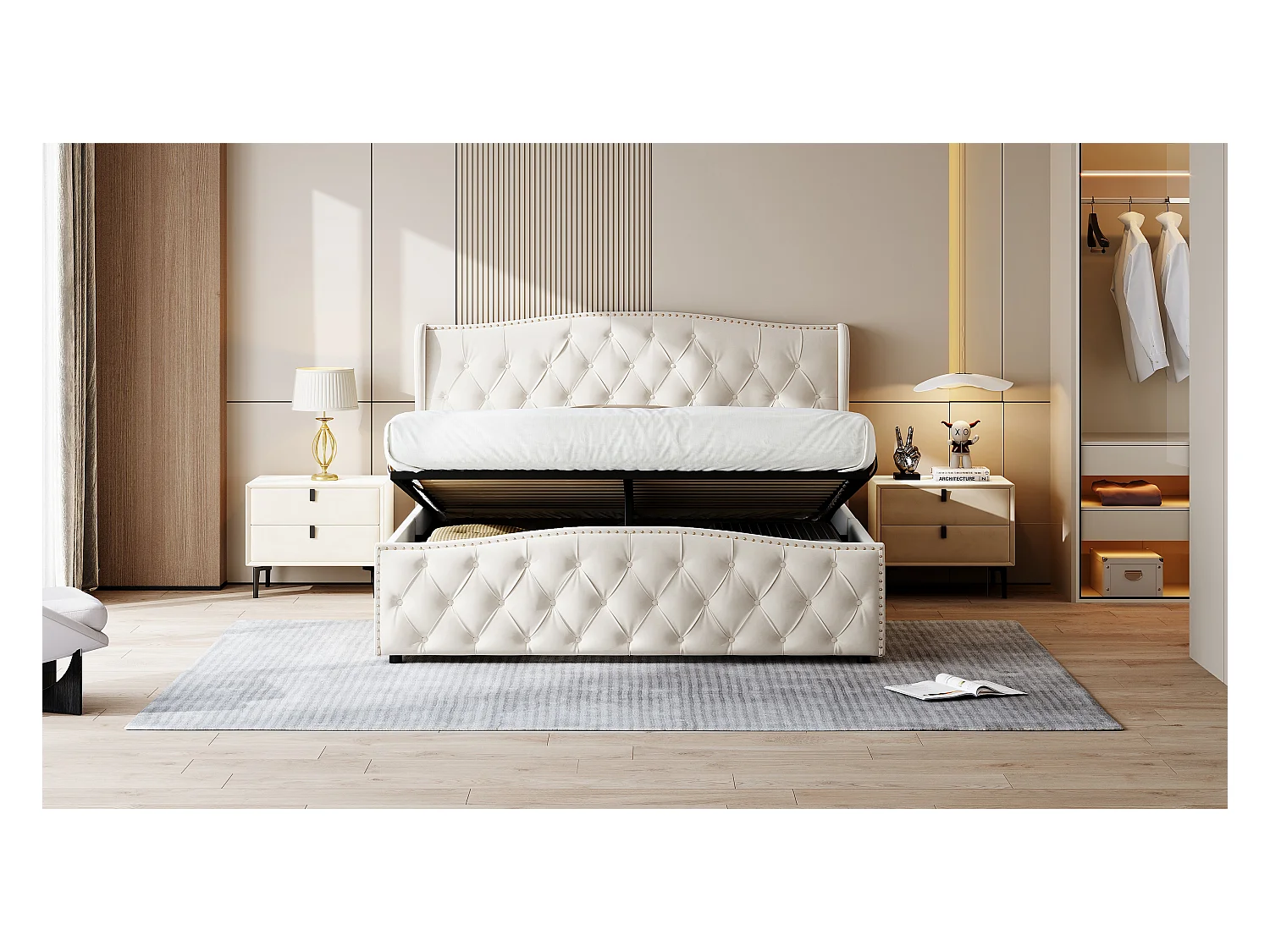 Cama de terciopelo blanco roto de 160 x 200 cm con tachuelas decorativas y estampado de ondas, cama doble con somier y espacio de almacenaje.