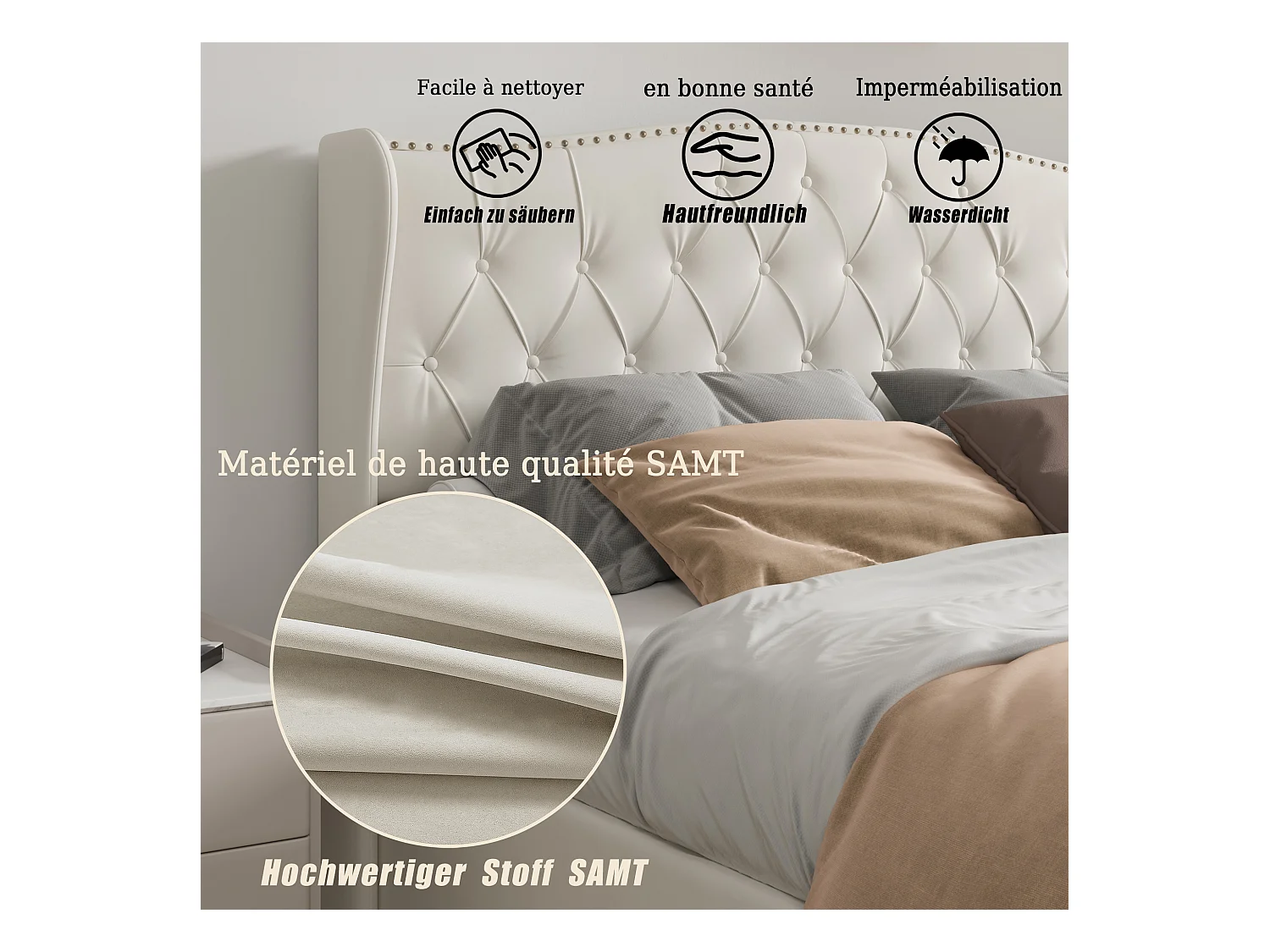 Lit en velours Blanc cassé 160x200 cm avec clous décoratifs et motif ondulé, Lit double avec sommier à lattes et espace de rangement