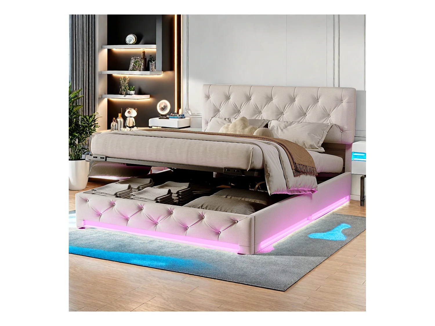 Lit coffre 160x200 cm en tissu beige avec LED RGB, tête de lit capitonnée réglable et grand espace de rangement hydraulique