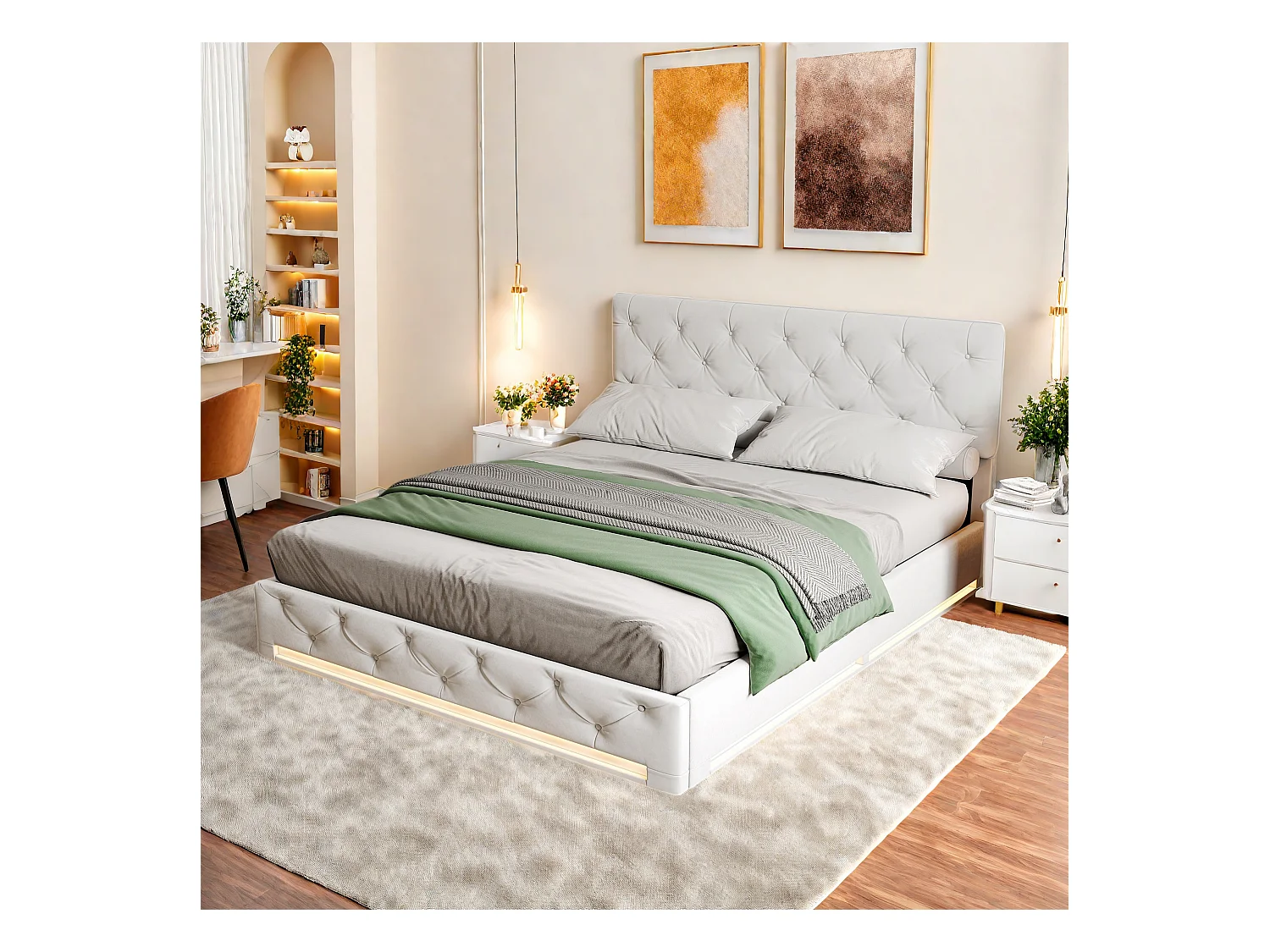 Lit coffre 160x200 cm en tissu beige avec LED RGB, tête de lit capitonnée réglable et grand espace de rangement hydraulique