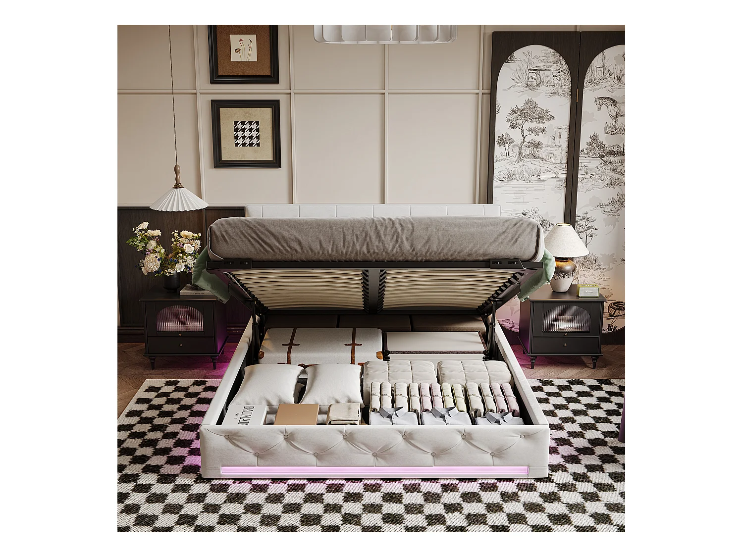 Lit coffre 160x200 cm en tissu beige avec LED RGB, tête de lit capitonnée réglable et grand espace de rangement hydraulique