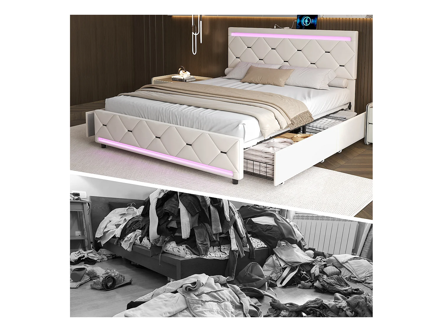 Lit coffre avec 4 tiroirs, LED multicolores et port USB – 140x200 cm – Velours blanc cassé design moderne