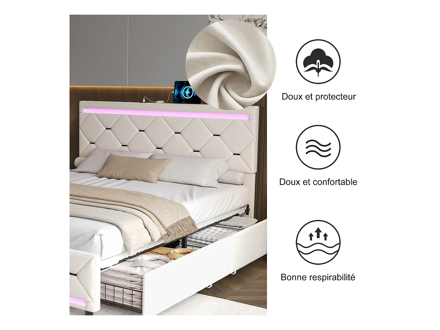 Lit coffre avec 4 tiroirs, LED multicolores et port USB – 140x200 cm – Velours blanc cassé design moderne