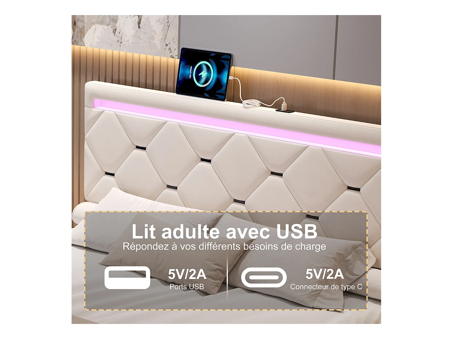 Lit coffre avec 4 tiroirs, LED multicolores et port USB – 140x200 cm – Velours blanc cassé design moderne