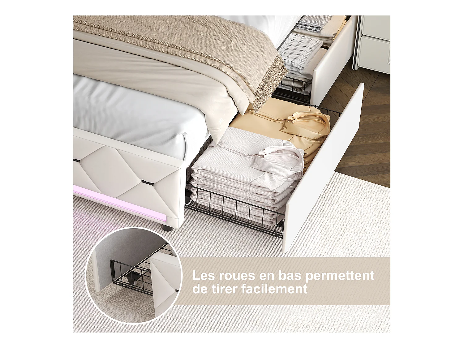 Lit coffre avec 4 tiroirs, LED multicolores et port USB – 140x200 cm – Velours blanc cassé design moderne
