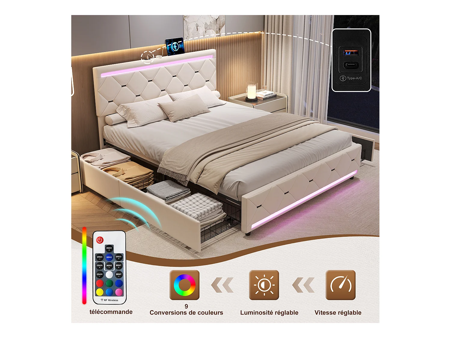 Lit coffre avec 4 tiroirs, LED multicolores et port USB – 140x200 cm – Velours blanc cassé design moderne