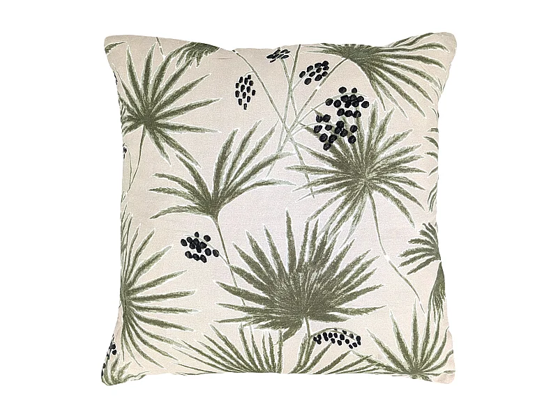 Housse de coussin 45x45 cm lin lavé motif végétal PALAWAN beige Sauge