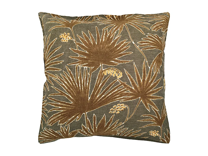 Housse de coussin 45x45 cm lin lavé motif végétal PALAWAN vert Kaki