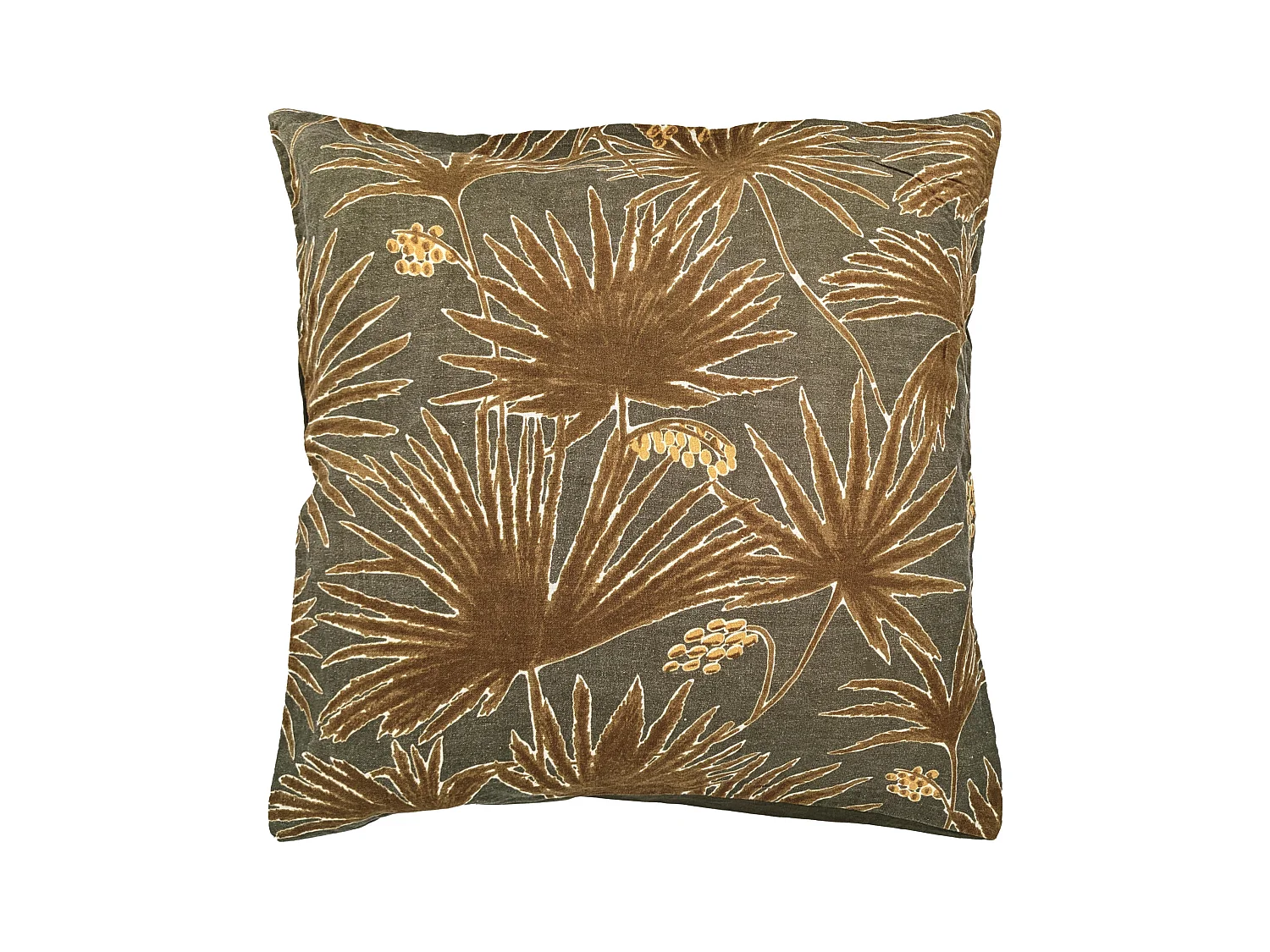 Housse de coussin 45x45 cm lin lavé motif végétal PALAWAN vert Kaki