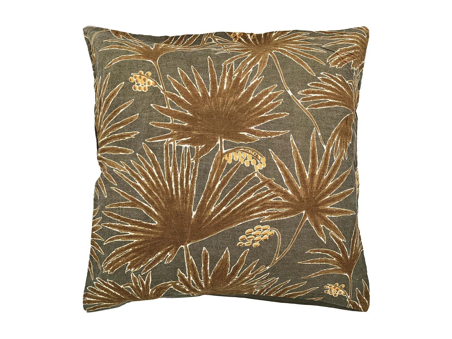 Housse de coussin 45x45 cm lin lavé motif végétal PALAWAN vert Kaki