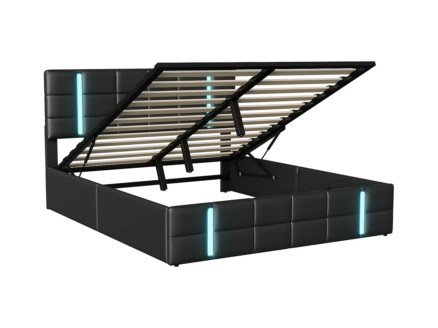 Lit double 140x200 cm en similicuir noir avec tête de lit LED acrylique givré et 2 ports USB intégrés