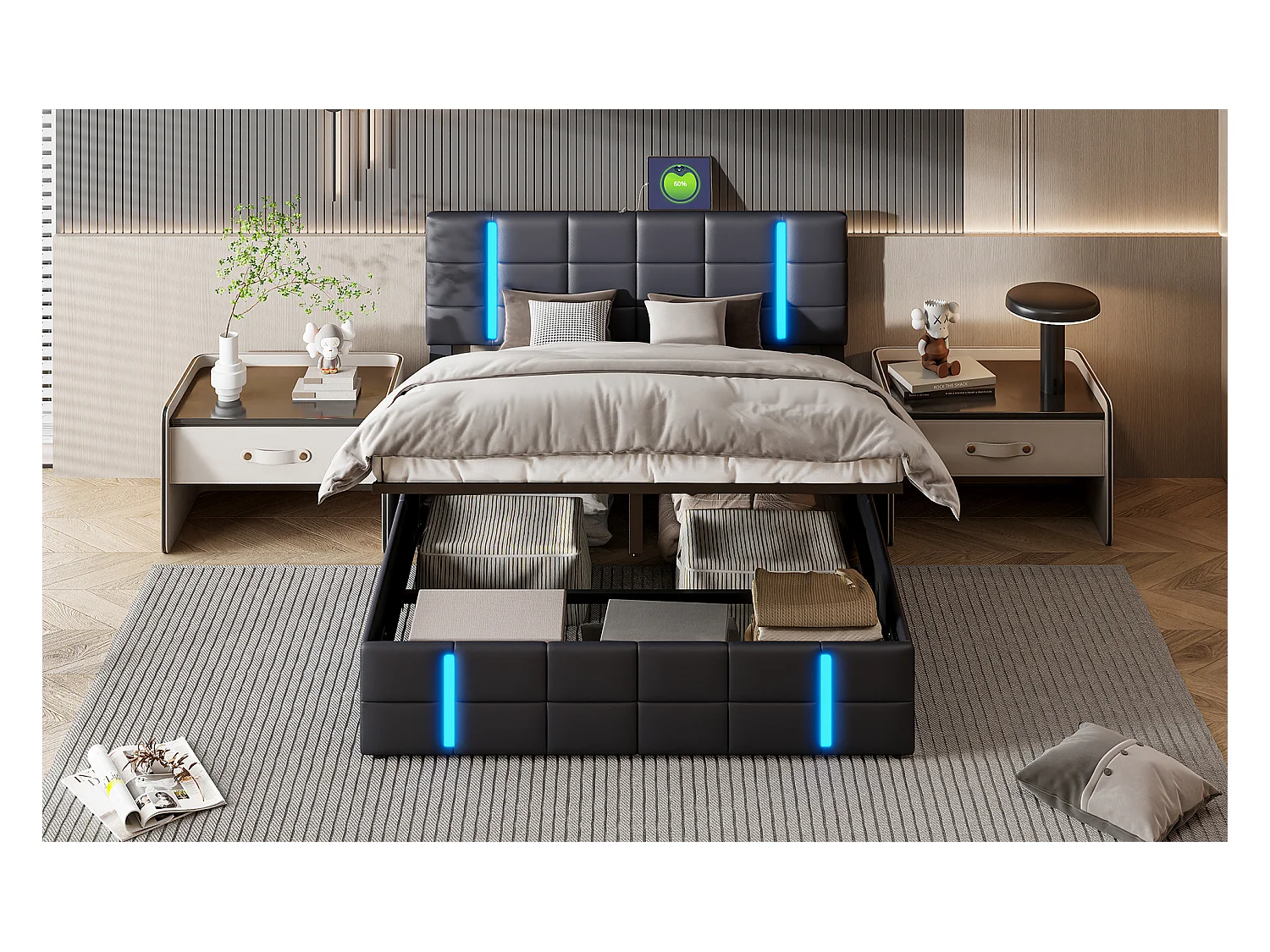 Lit double 140x200 cm en similicuir noir avec tête de lit LED acrylique givré et 2 ports USB intégrés