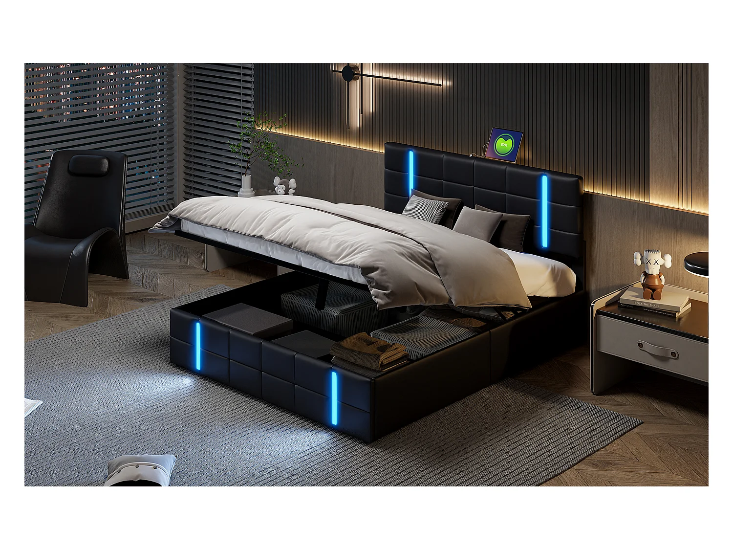 Lit double 140x200 cm en similicuir noir avec tête de lit LED acrylique givré et 2 ports USB intégrés