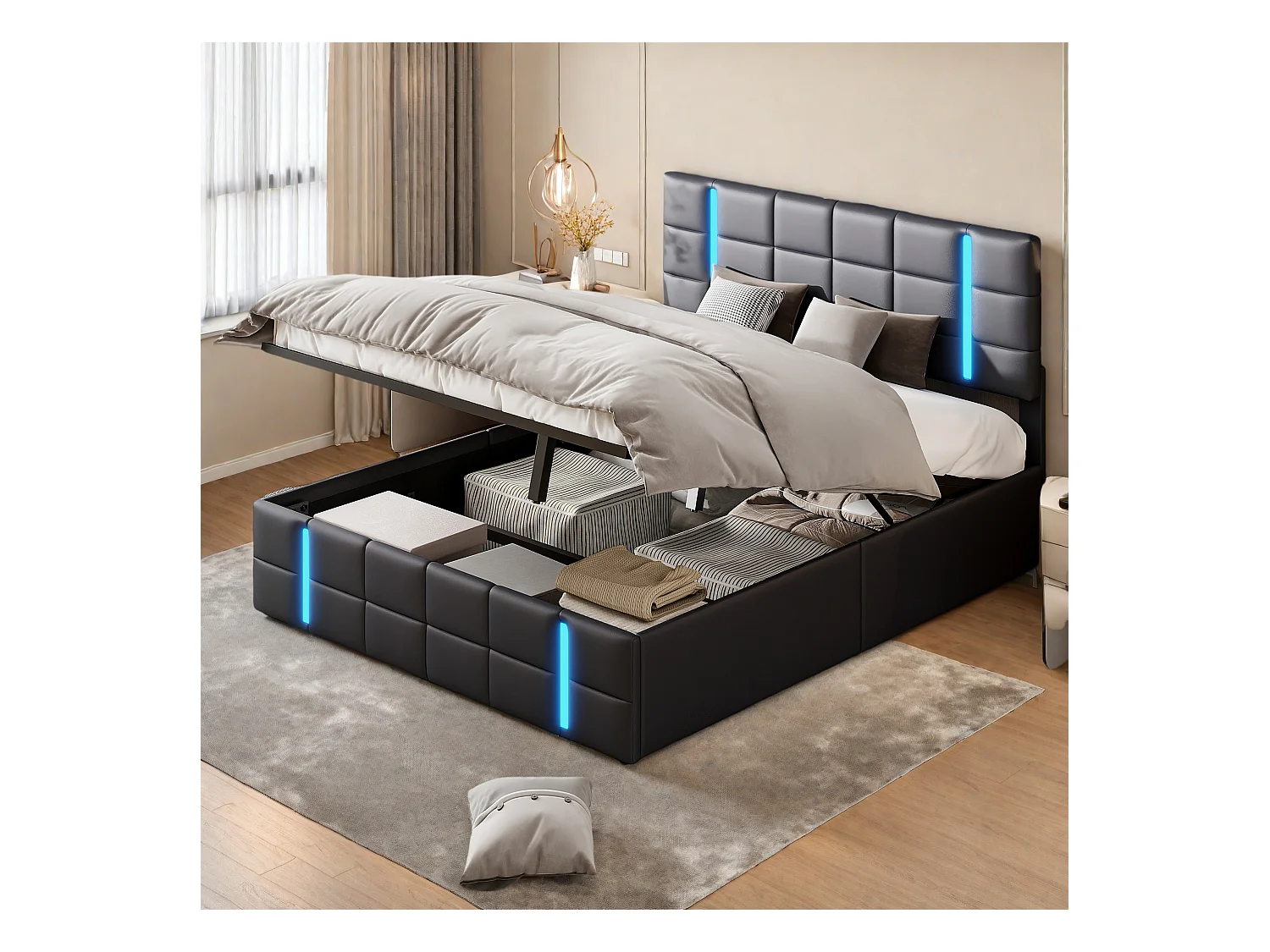 Lit double 140x200 cm en similicuir noir avec tête de lit LED acrylique givré et 2 ports USB intégrés