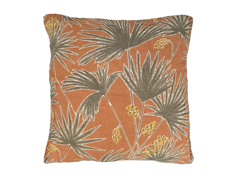 Housse de coussin 45x45 cm lin lavé motif végétal PALAWAN Terracotta