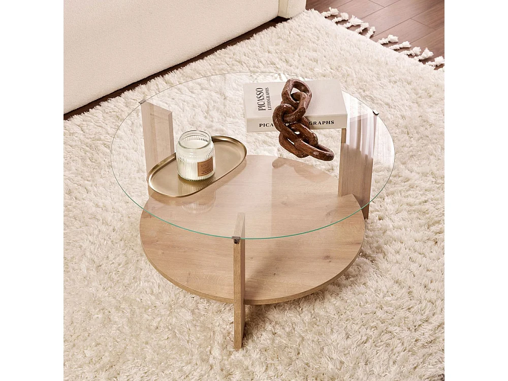 Ria - Table basse ronde en verre trempé et bois ø75cm - Bois clair