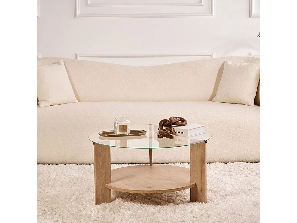 Ria - Table basse ronde en verre trempé et bois ø75cm - Bois clair