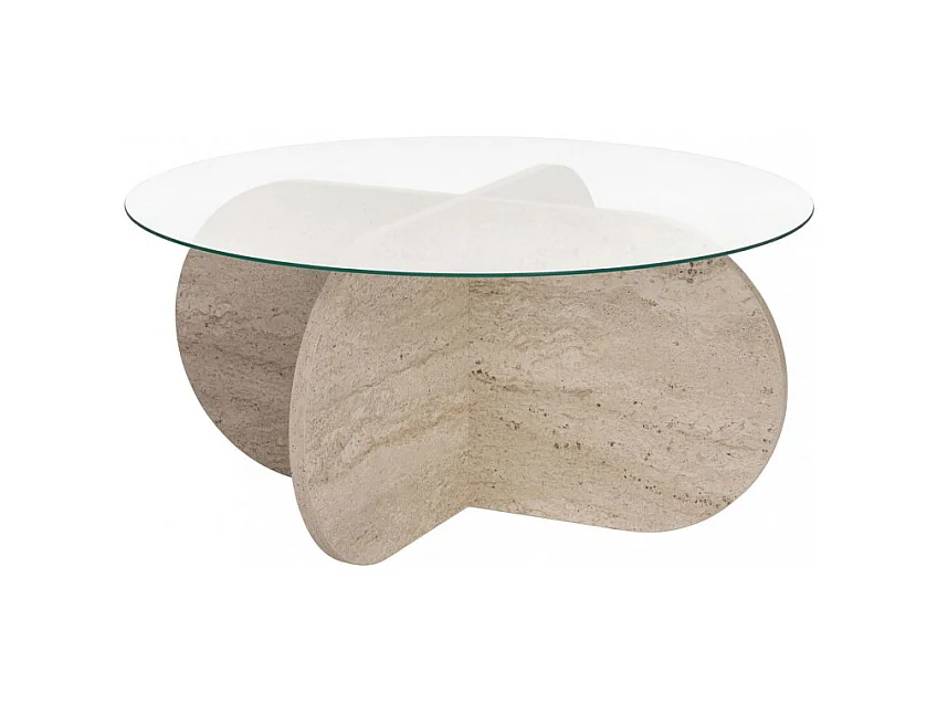 Bully - Table basse ronde en verre trempé et effet travertin ø75cm - Beige
