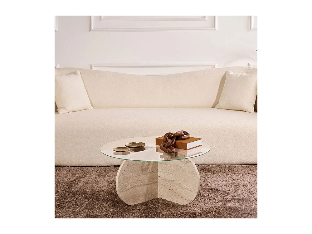 Bully - Table basse ronde en verre trempé et effet travertin ø75cm - Beige