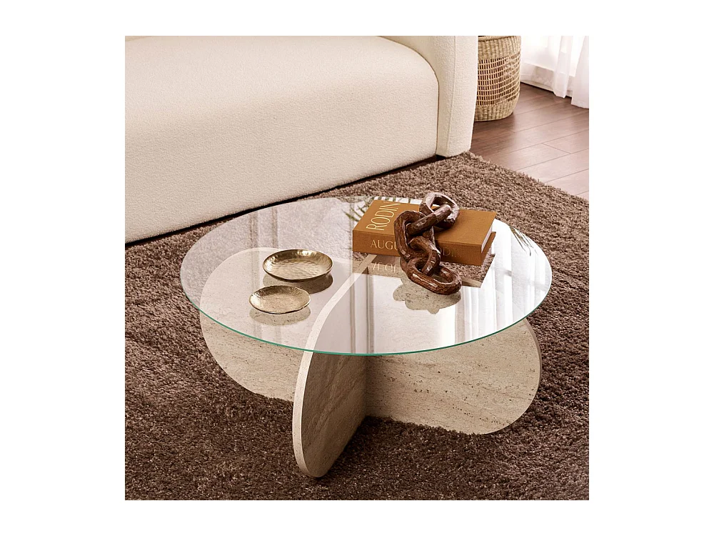 Bully - Table basse ronde en verre trempé et effet travertin ø75cm - Beige
