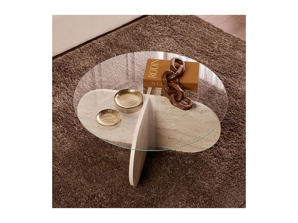 Bully - Table basse ronde en verre trempé et effet travertin ø75cm - Beige