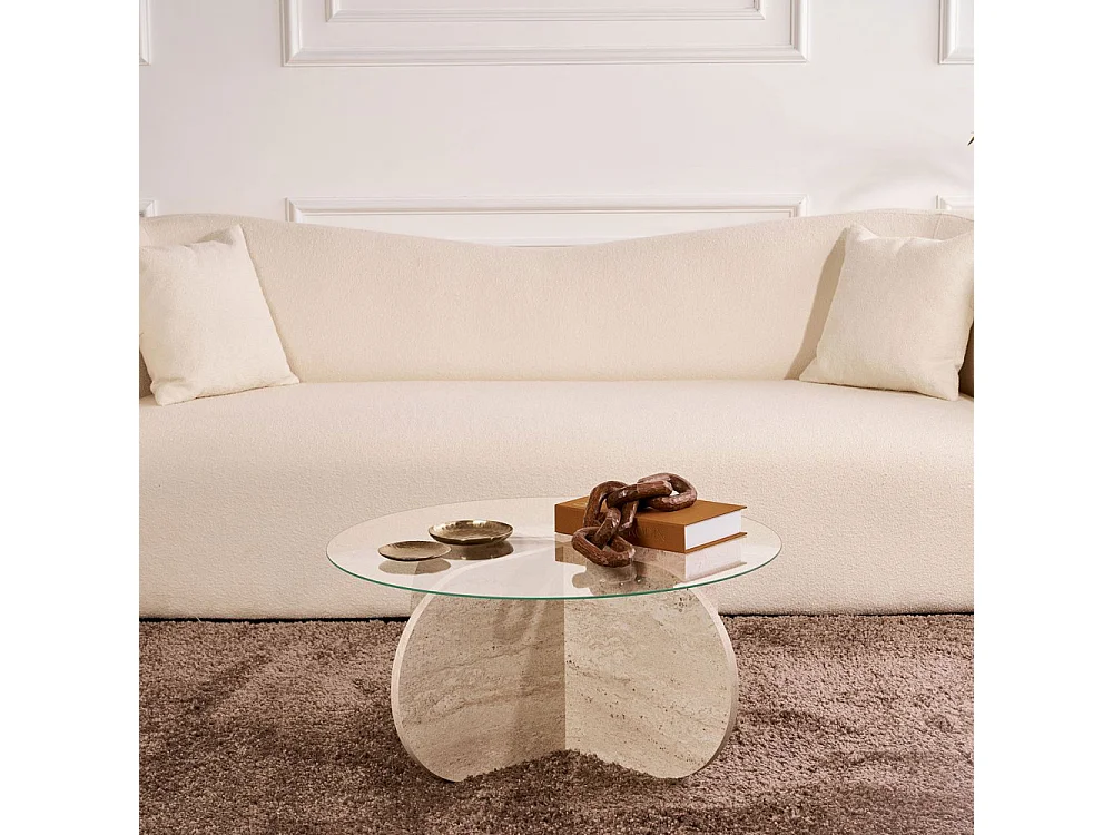 Bully - Table basse ronde en verre trempé et effet travertin ø75cm - Beige