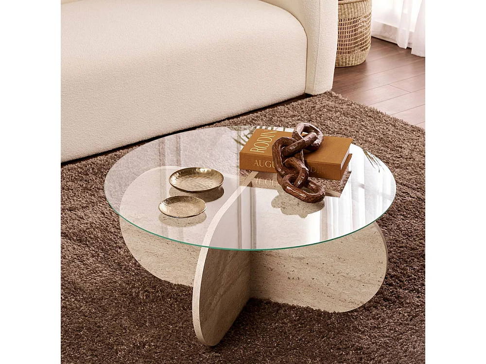 Bully - Table basse ronde en verre trempé et effet travertin ø75cm - Beige