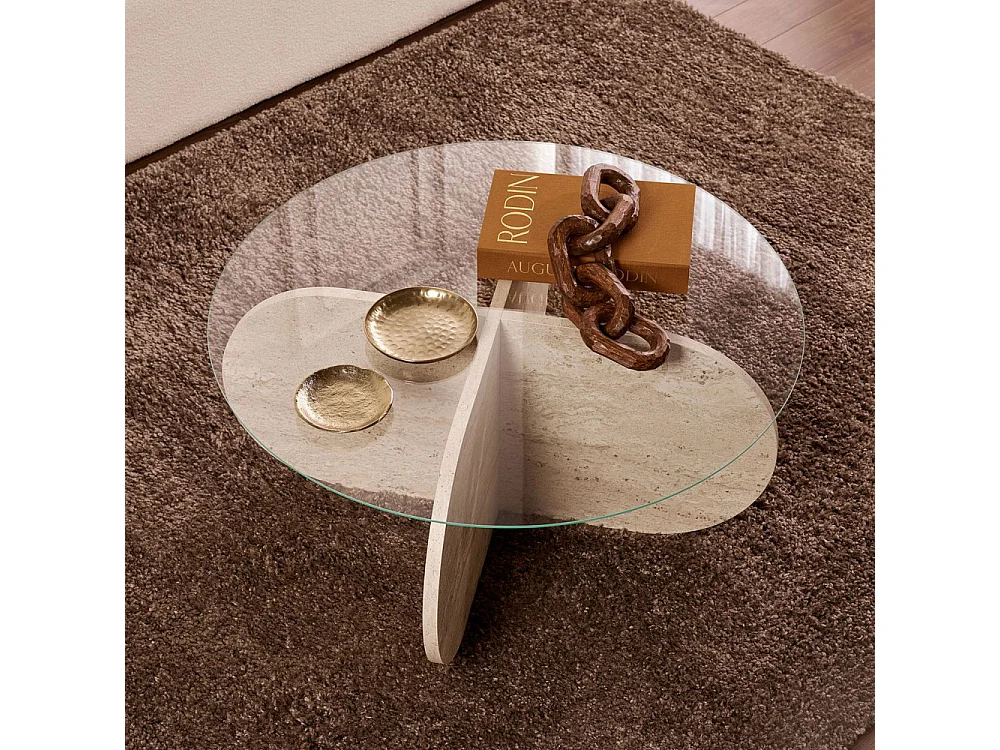 Bully - Table basse ronde en verre trempé et effet travertin ø75cm - Beige
