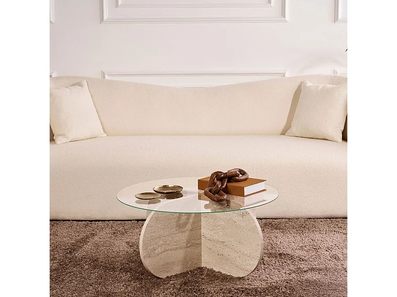 Bully - Table basse ronde en verre trempé et effet travertin ø75cm - Beige