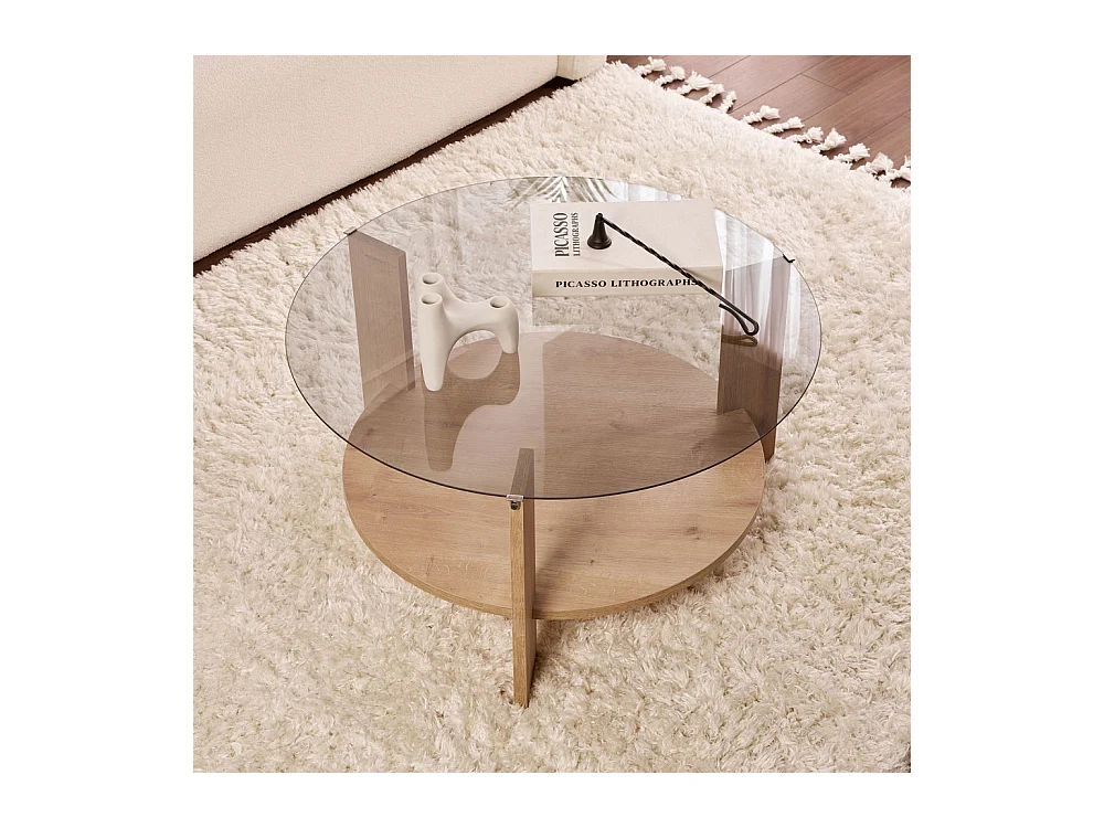 Ria - Table basse ronde en verre fumé et bois ø75cm - Bois clair