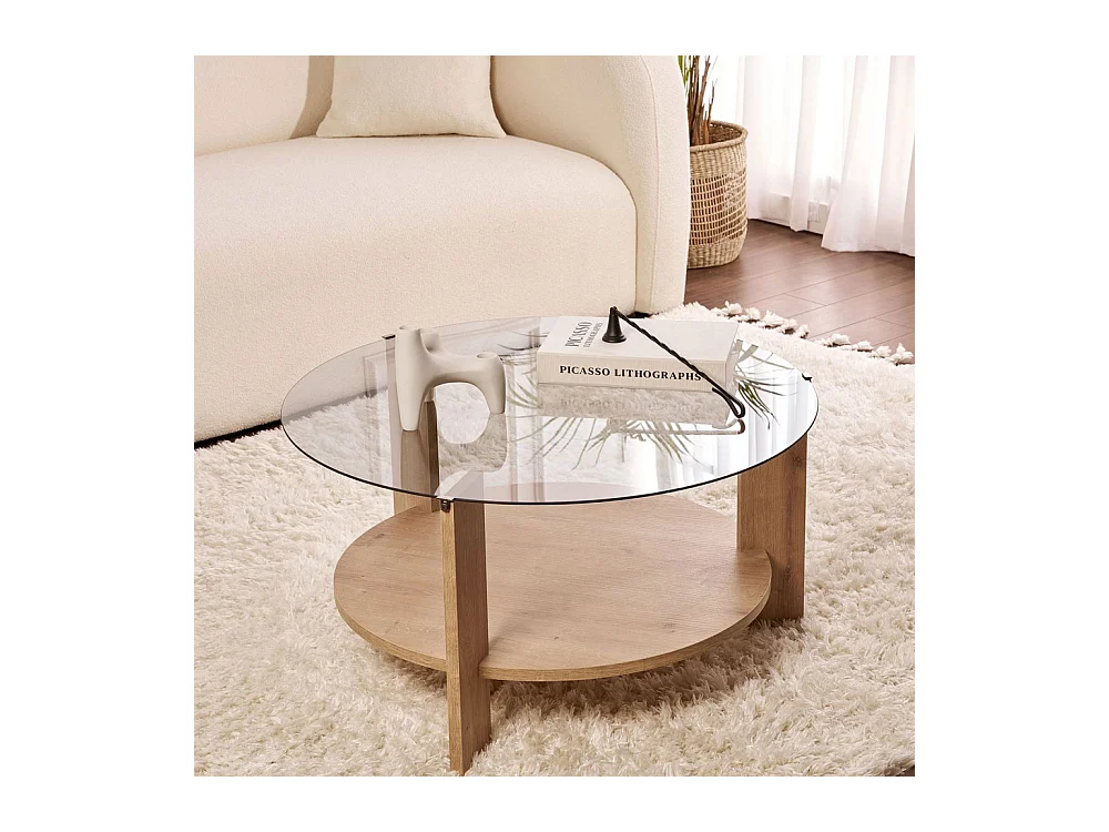 Ria - Table basse ronde en verre fumé et bois ø75cm - Bois clair