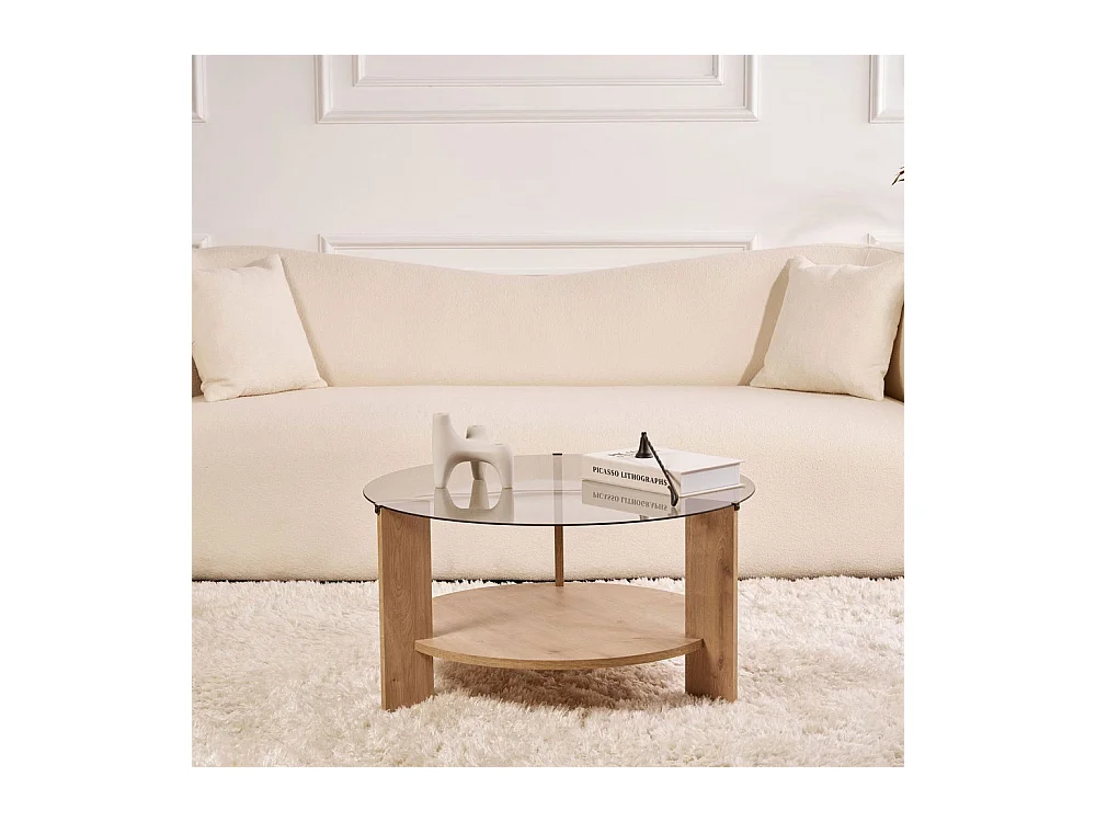 Ria - Table basse ronde en verre fumé et bois ø75cm - Bois clair