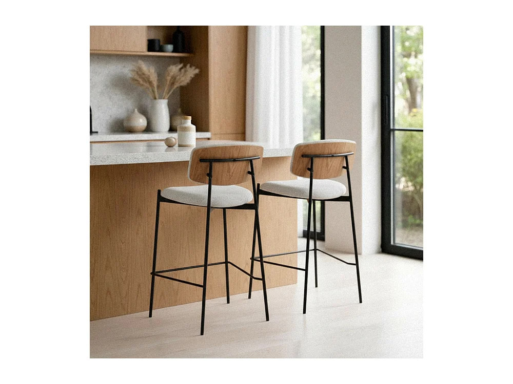 Nelly - Lot de 2 chaises de bar en tissu bouclette et métal H65cm - Beige chiné