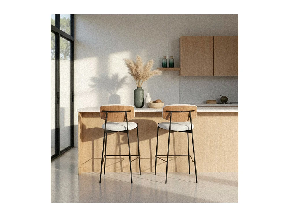 Nelly - Lot de 2 chaises de bar en tissu bouclette et métal H65cm - Beige chiné