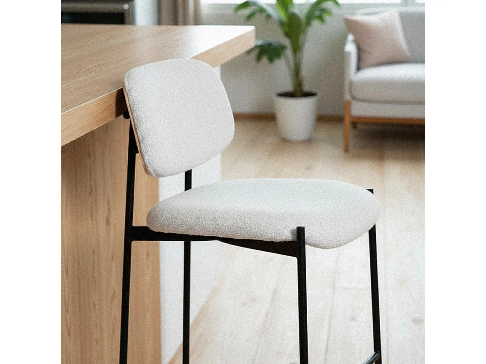 Nelly - Lot de 2 chaises de bar en tissu bouclette et métal H65cm - Beige chiné