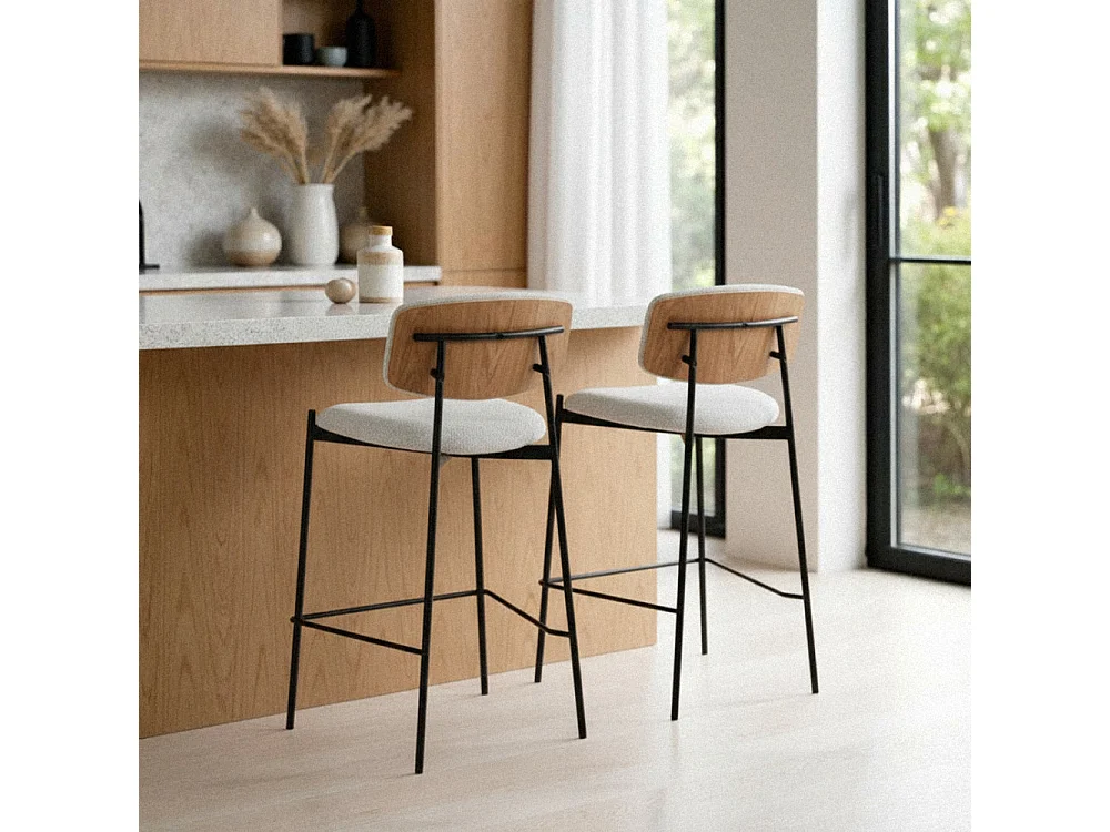 Nelly - Lot de 2 chaises de bar en tissu bouclette et métal H65cm - Beige chiné