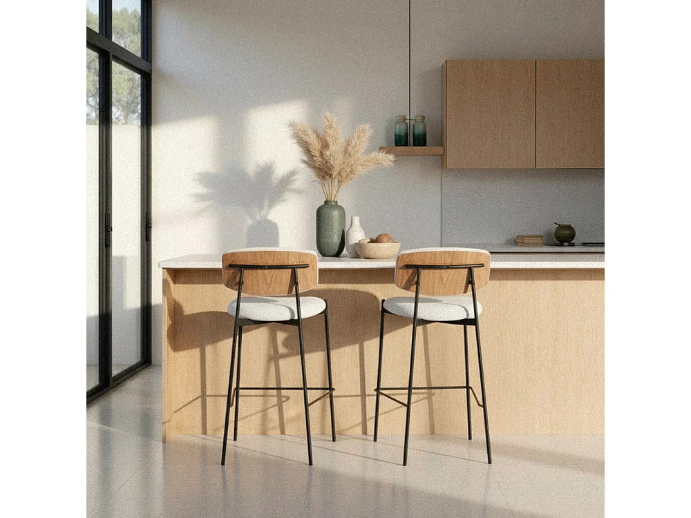 Nelly - Lot de 2 chaises de bar en tissu bouclette et métal H65cm - Beige chiné