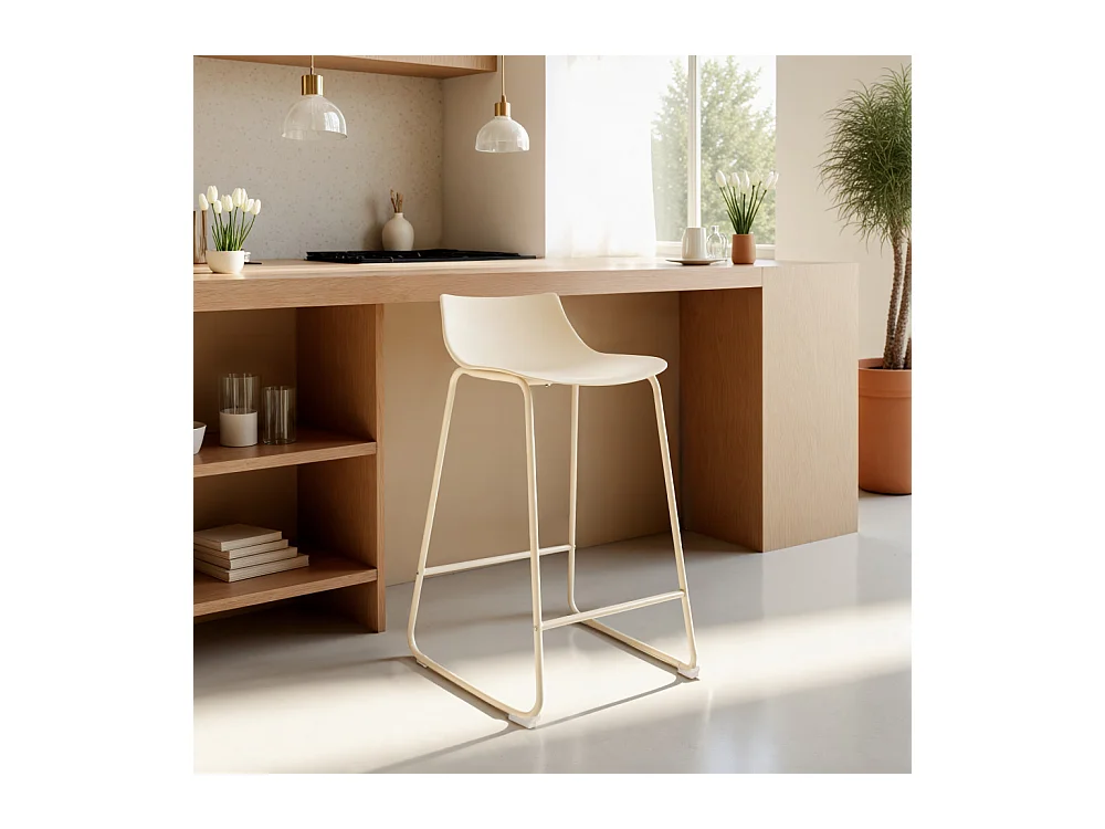 Lamer - Lot de 4 chaises de bar en plastique et métal H66cm - Beige