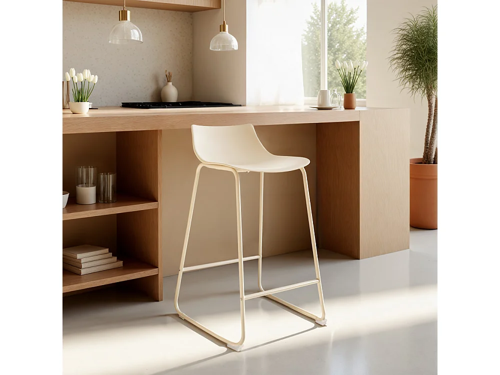 Lamer - Lot de 4 chaises de bar en plastique et métal H66cm - Beige