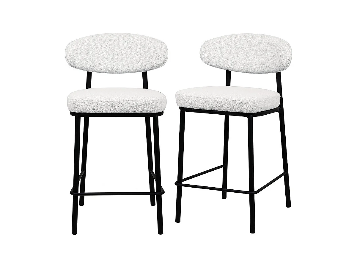 Rode - Lot de 2 chaises de bar en tissu bouclette, bois et métal H65cm - Écru chiné